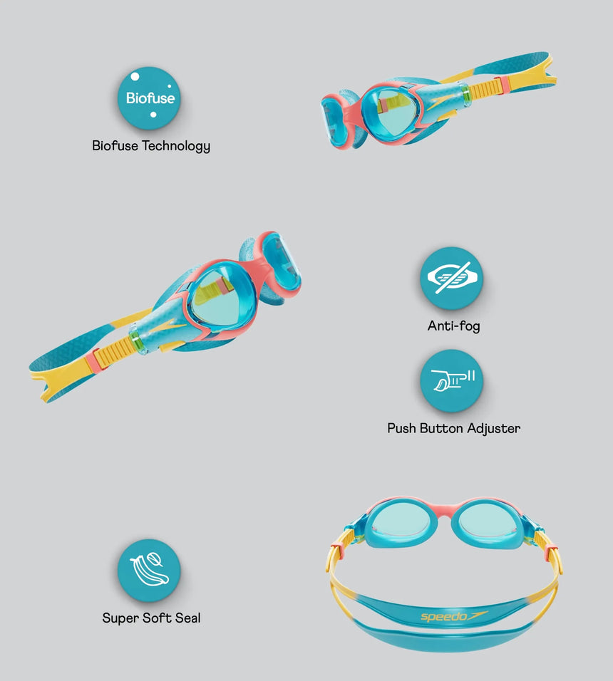 Unisex Kids Biofuse 2.0 Anti Fog Coated Lens Swim Goggles For Boys and Girls - Coral Beach, Bolt & Blue Lens