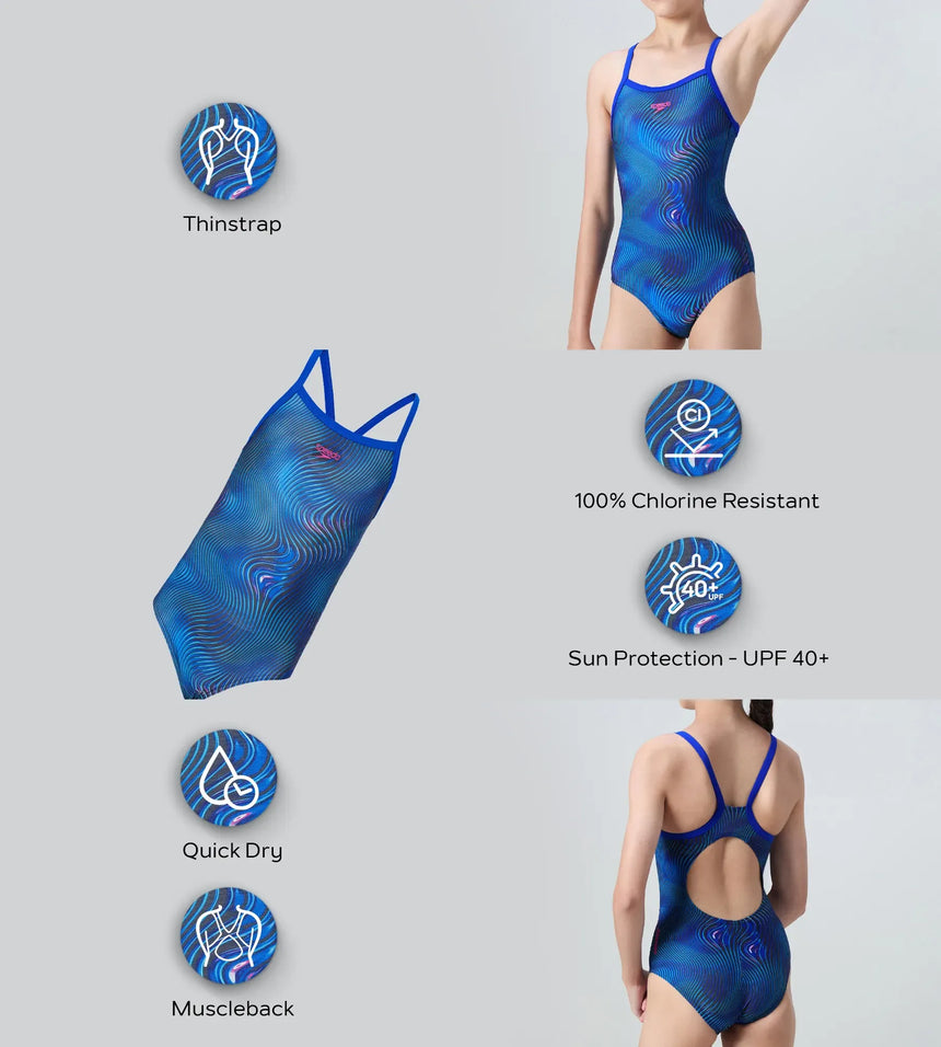 Girl's Endurance+ Thinstrap Muscleback V-Cut One Piece Swimsuit - Anthracite & Deep Saffire