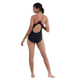 Girl's Endurance 10 Thinstrap Muscleback Printed One Piece V-Cut Swimsuit - True Navy & Electric Pink