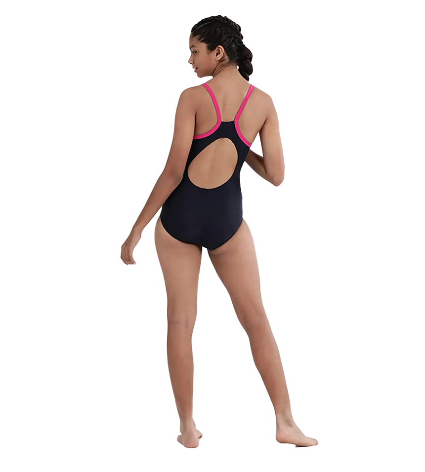 Girl's Endurance 10 Thinstrap Muscleback Printed One Piece V-Cut Swimsuit - True Navy & Electric Pink