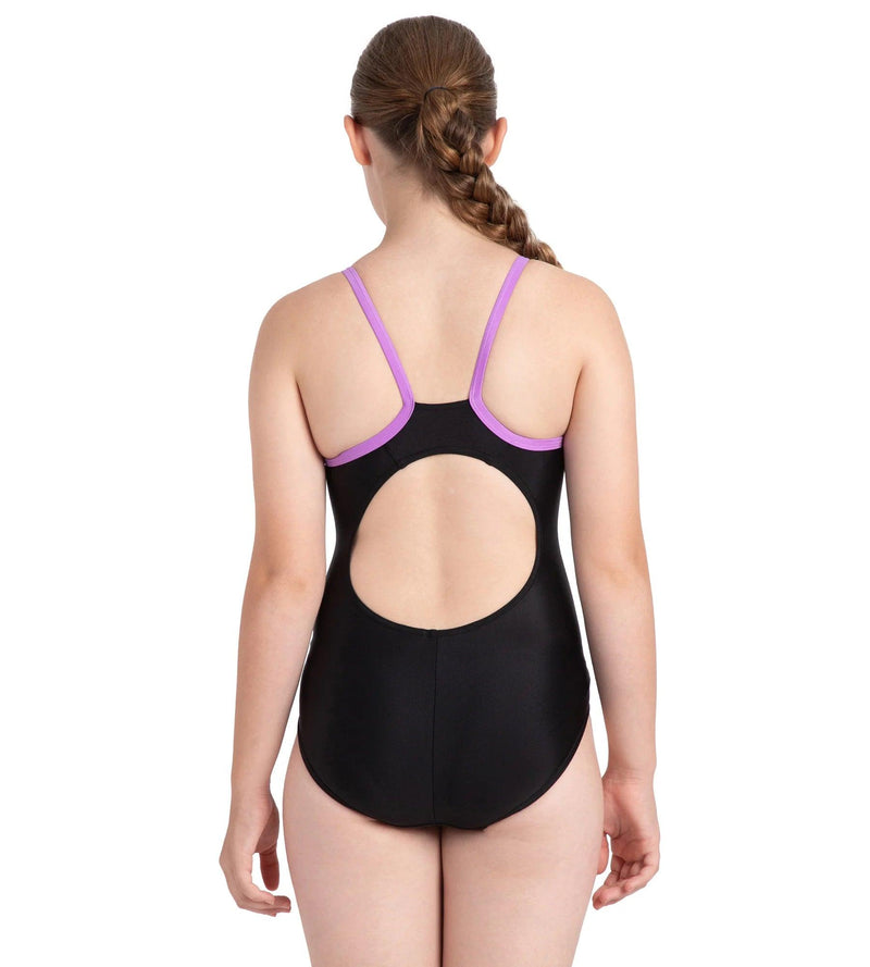 Girl's Recycled Endurance 10 Thinstrap Muscleback Printed One Piece V-Cut Swimsuit Black Sweet Purple