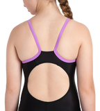 Girl's Recycled Endurance 10 Thinstrap Muscleback Printed One Piece V-Cut Swimsuit - Black & Sweet Purple
