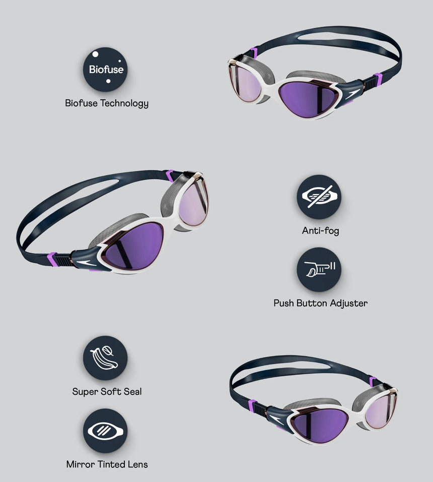 Women's Biofuse 2.0 Anti Fog Mirror Lens Swim Goggles - White, True Navy & Sweet Purple