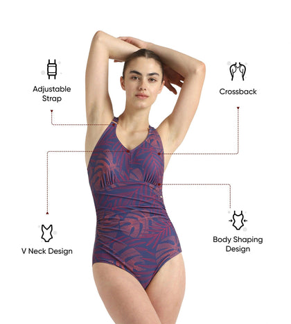 Women's Endurance10 V-Neck Cross Back Printed V-Cut One Piece Swimsuit - Hapuna Blue, Coral Sands & Raspberry Fill