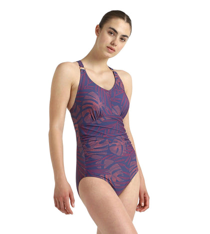 Women's Endurance10 V-Neck Cross Back Printed V-Cut One Piece Swimsuit - Hapuna Blue, Coral Sands & Raspberry Fill