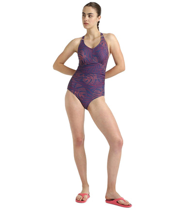 Women's Endurance10 V-Neck Cross Back Printed V-Cut One Piece Swimsuit - Hapuna Blue, Coral Sands & Raspberry Fill
