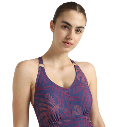 Women's Endurance10 V-Neck Cross Back Printed V-Cut One Piece Swimsuit - Hapuna Blue, Coral Sands & Raspberry Fill
