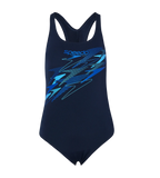 Women's Endurance+ Medley Print Lycra Racerback V-Cut One Piece Swimsuit - True Navy, Deep Saffire & Periwinkle Blue