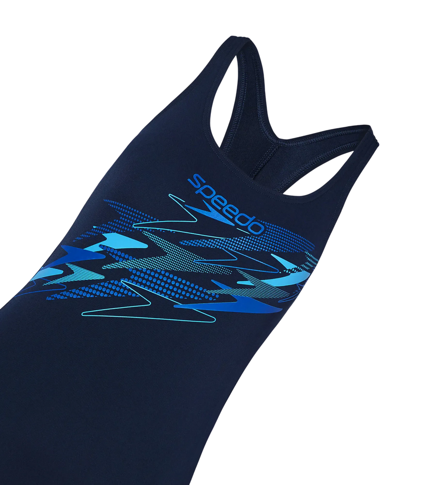 Women's Endurance+ Medley Print Lycra Racerback V-Cut One Piece Swimsuit - True Navy, Deep Saffire & Periwinkle Blue