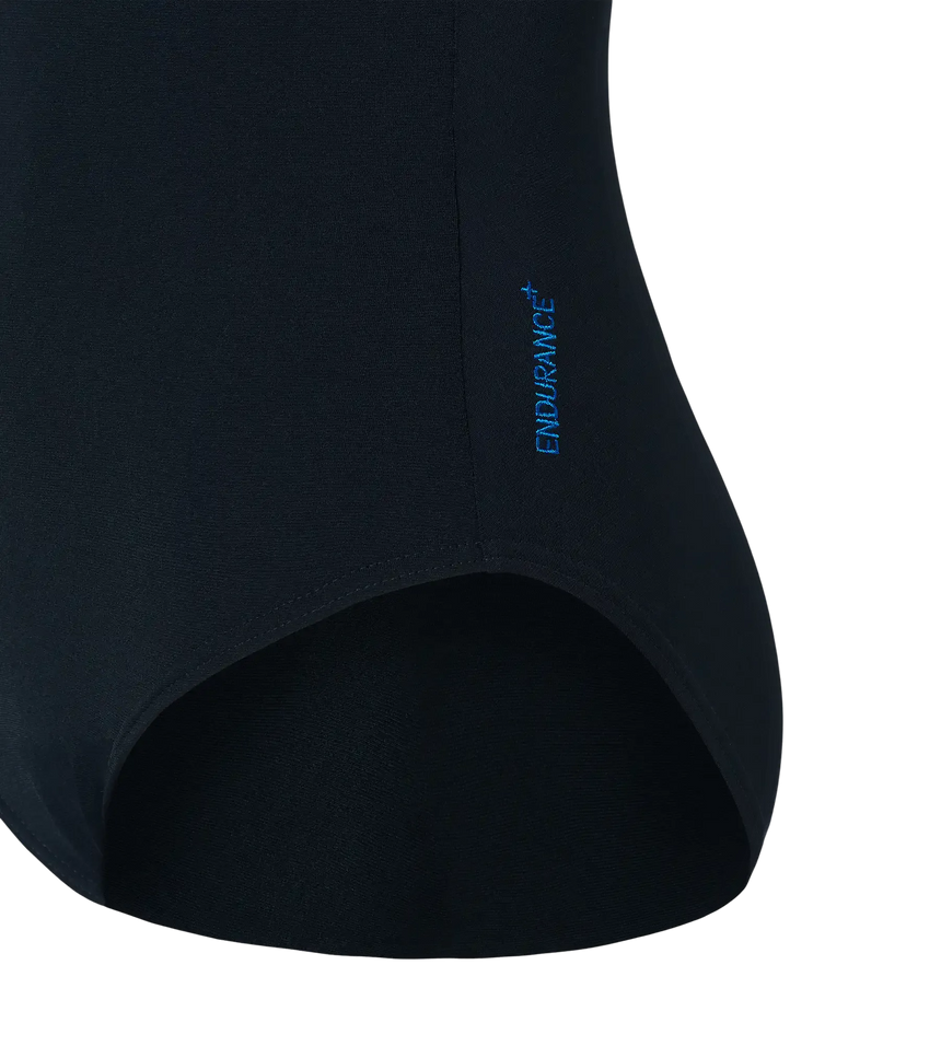 Women's Endurance+ Medley Print Lycra Racerback V-Cut One Piece Swimsuit - True Navy, Deep Saffire & Periwinkle Blue