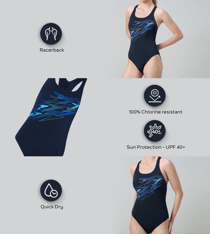 Women's Endurance+ Medley Print Lycra Racerback V-Cut One Piece Swimsuit - True Navy, Deep Saffire & Periwinkle Blue