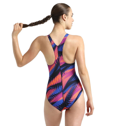 Women's Endurance+ Razorsharp Racerback Printed V-Cut One Piece Swimsuit - True Navy, Amber Wave & Cobal Pop