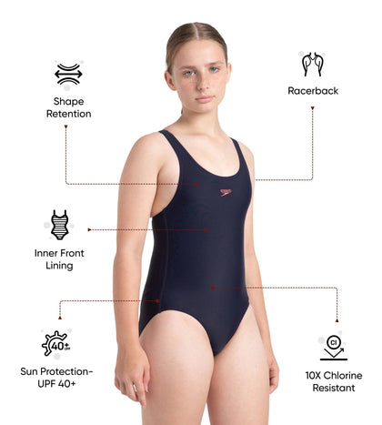 Girl's Endurance10 Lycra Racerback V-Cut One Piece Swimuit - True Navy & Coral Sands
