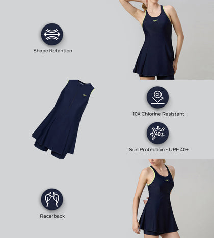 Women's Endurance10 Racerback Swimdress With Boyleg - True Navy & Electric Lime