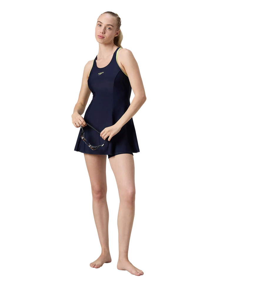 Women's Endurance10 Racerback Swimdress With Boyleg - True Navy & Electric Lime