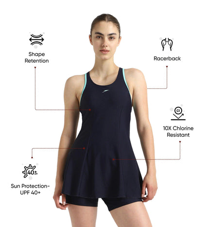 Women's Endurance10 Racerback Swimdress With Boyleg - True Navy & Arctic Glass