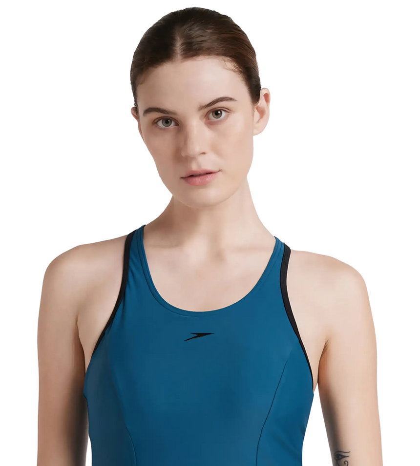 Women's  Endurance10 Racerback Swimdress With Boyleg - Dark Teal & Black