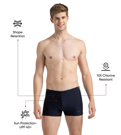 Men's Endurance10 Tech Print Placement Panel Aquashort - True Navy, Hyper Yellow & Dark Teal