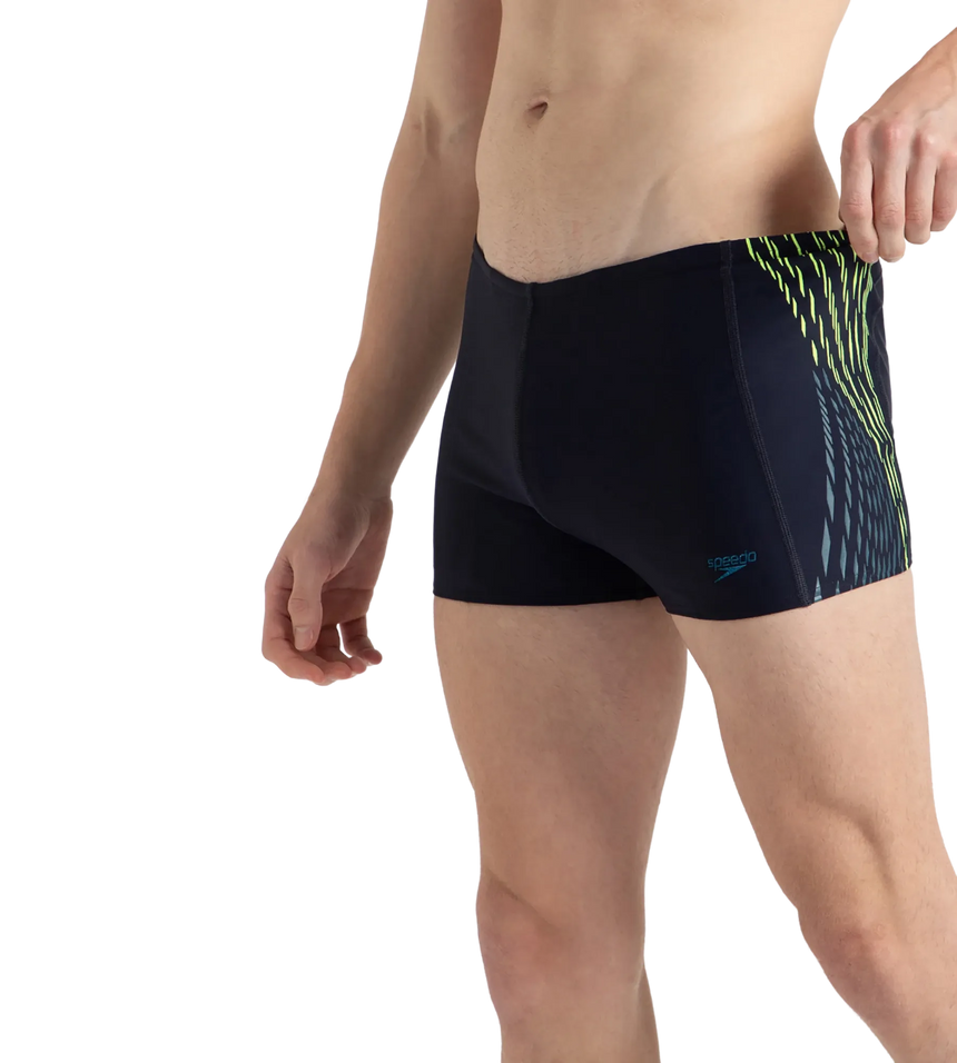 Men's Endurance10 Tech Print Placement Panel Aquashort - True Navy, Hyper Yellow & Dark Teal