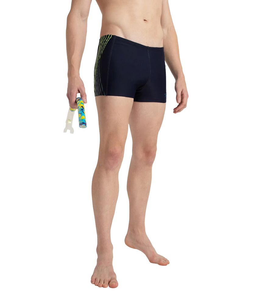 Men's Endurance10 Tech Print Placement Panel Aquashort - True Navy, Hyper Yellow & Dark Teal