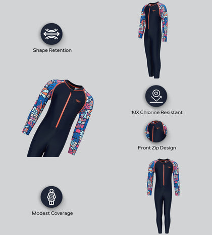 Tots Unisex Endurance10 Printed Colorblock All In One Suit For Boys and Girls - True Navy, Peacoat  & Tropical Coral