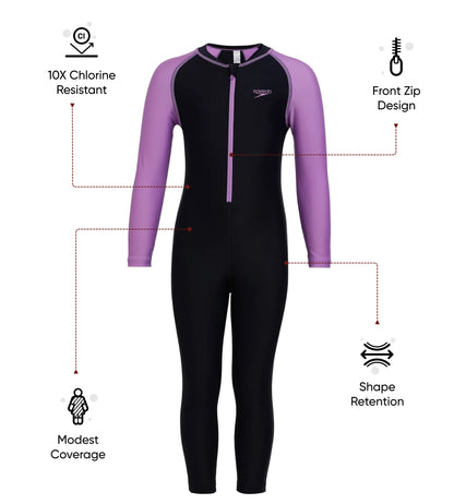 Girls Endurance 10 Essential All In One Suit For Tots (Age Range 2-8 Years) - True Navy & Sweet Purple