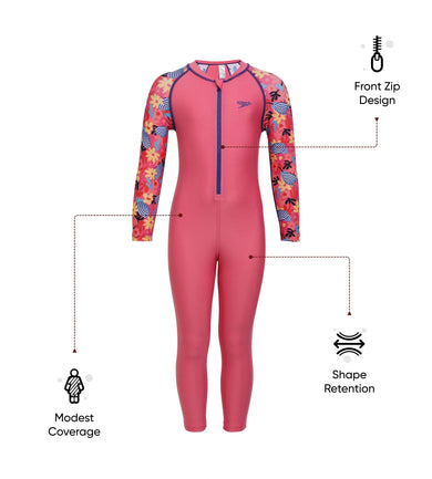 Girls Recycled Endura Brite All In One Full Body Suit - Fandango Pink & Bloominous