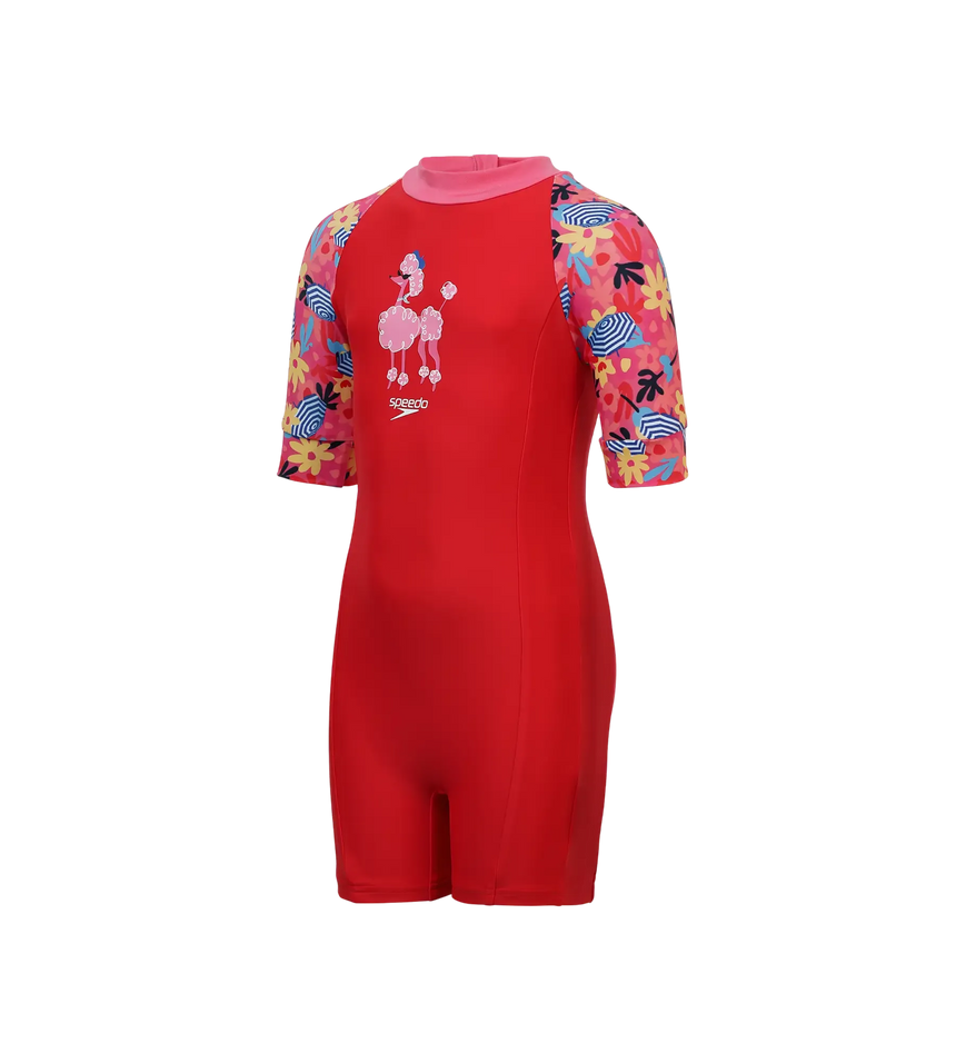 Girls Endurance 10 Essential All In One Suit For Tots (Age Range 2-8 Years) - Risk Red & Summer Yellow