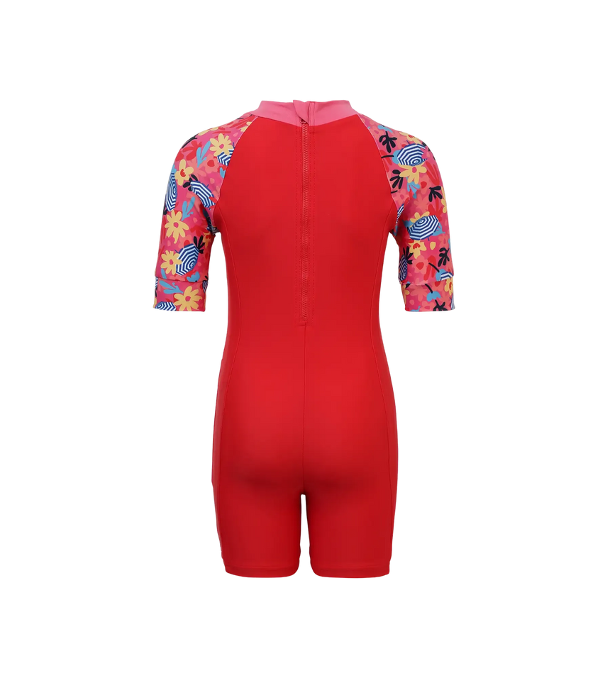 Girls Endurance 10 Essential All In One Suit For Tots (Age Range 2-8 Years) - Risk Red & Summer Yellow