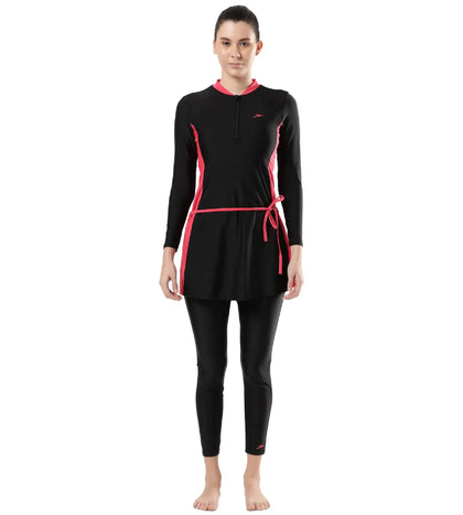 Women's Endurance 10 Two Piece Full Body Suit Swimwear - Black & Raspberry Fill_1