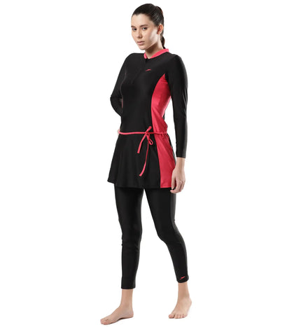 Women's Endurance 10 Two Piece Full Body Suit Swimwear - Black & Raspberry Fill_2