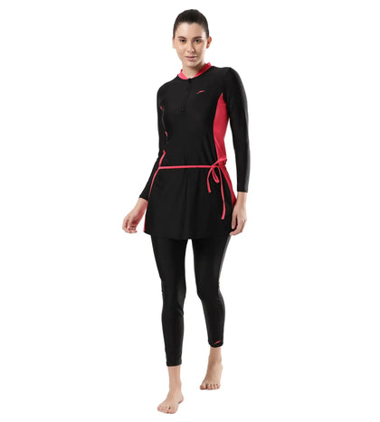 Women's Endurance 10 Two Piece Full Body Suit Swimwear - Black & Raspberry Fill_5