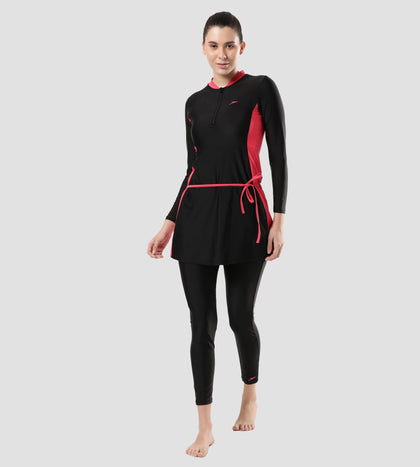 Women's Endurance 10 Two Piece Full Body Suit Swimwear - Black & Raspberry Fill