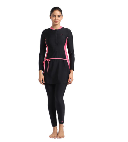 Women's Endurance Two Piece Full Body Suit Swimwear  - Black  &  Fandango Pink_1