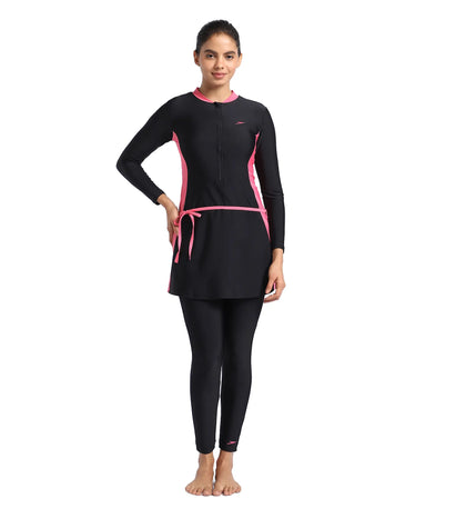 Women's Endurance Two Piece Full Body Suit Swimwear  - Black  &  Fandango Pink_5