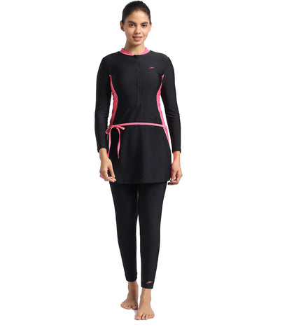 Women's Endurance Two Piece Full Body Suit Swimwear  - Black  &  Fandango Pink_6