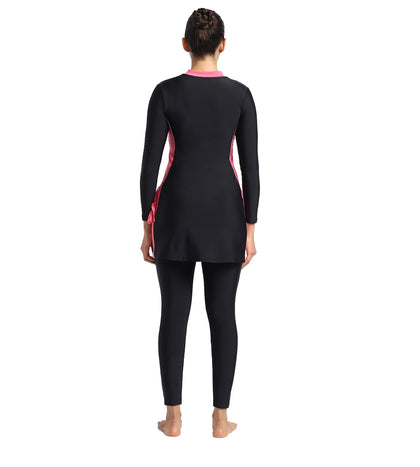 Women's Endurance Two Piece Full Body Suit Swimwear  - Black  &  Fandango Pink_4