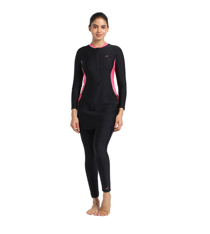 Women's Endurance Two Piece Full Body Suit Swimwear  - Black  &  Fandango Pink_2