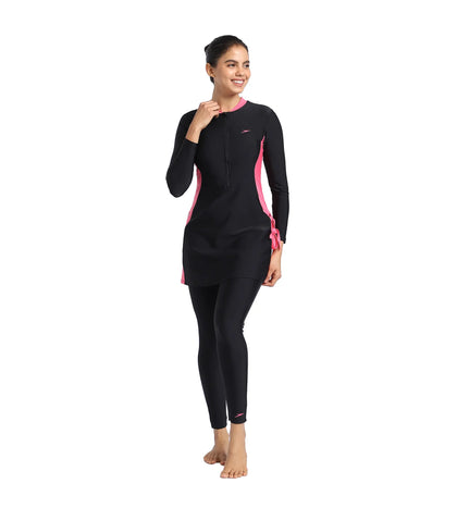 Women's Endurance Two Piece Full Body Suit Swimwear  - Black  &  Fandango Pink_3