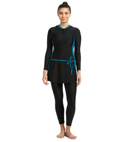 Women's Endurance 10 Two Piece Full Body Suit Swimwear - Black & Nordic Teal_1