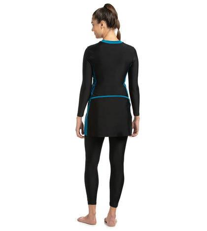 Women's Endurance 10 Two Piece Full Body Suit Swimwear - Black & Nordic Teal_4
