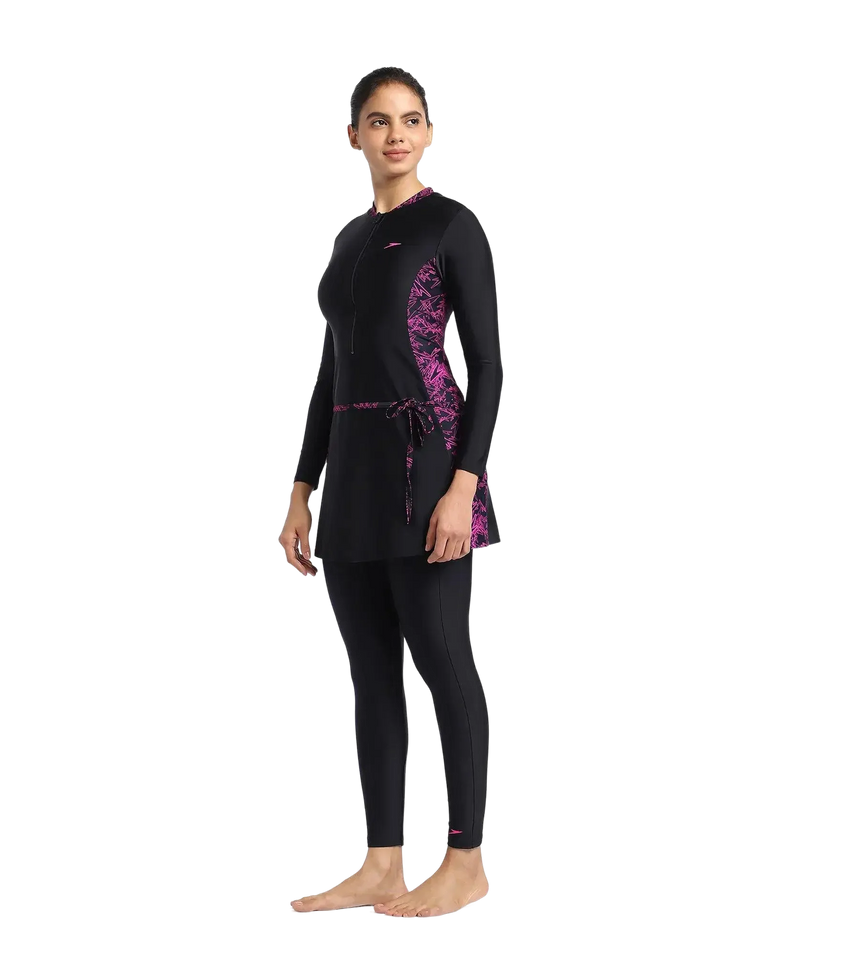 Women's Endurance 10 Printed Two Piece Full Bodysuit Swimwear - Black & Boom Splice