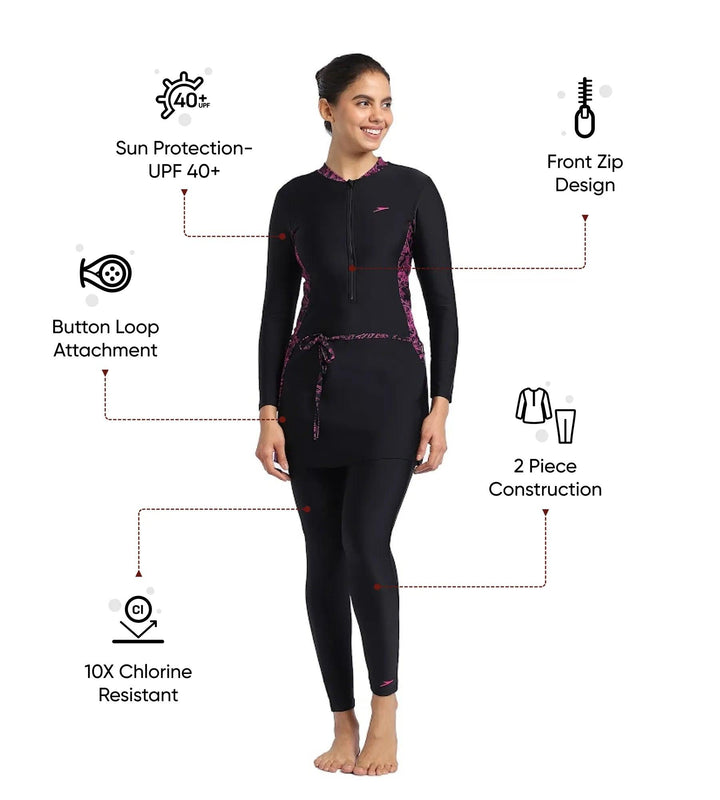 Women's Endurance 10 Printed Two Piece Full Bodysuit Swimwear - Black & Boom Splice