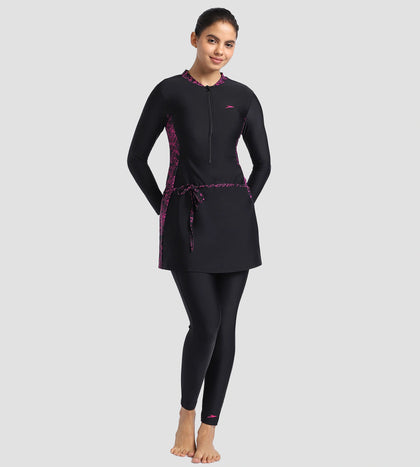 Women's Endurance 10 Printed Two Piece Full Bodysuit Swimwear - Black & Boom Splice