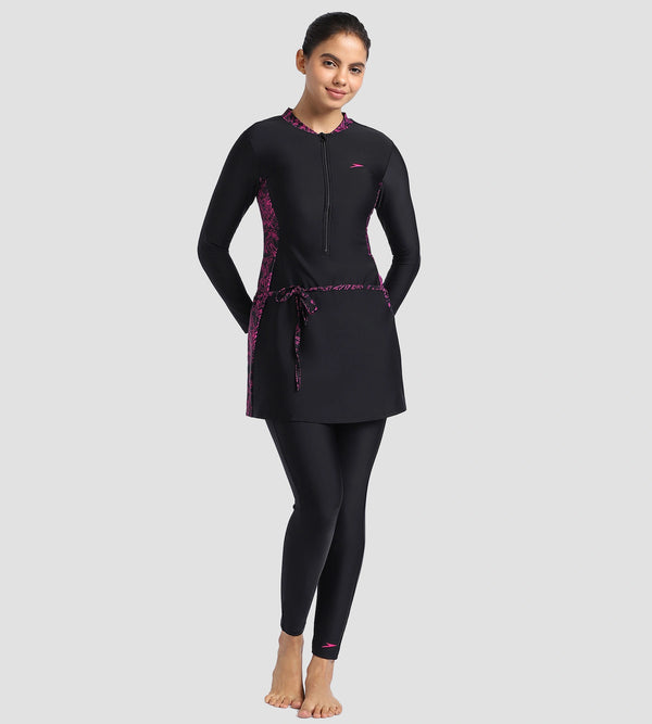 Women's Endurance 10 Printed Two Piece Full Bodysuit Swimwear - Black & Boom Splice