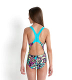 Girls Endurance 10 Bubble Fish Print Splashback V-Cut Swimsuit - Black & Bali Blue