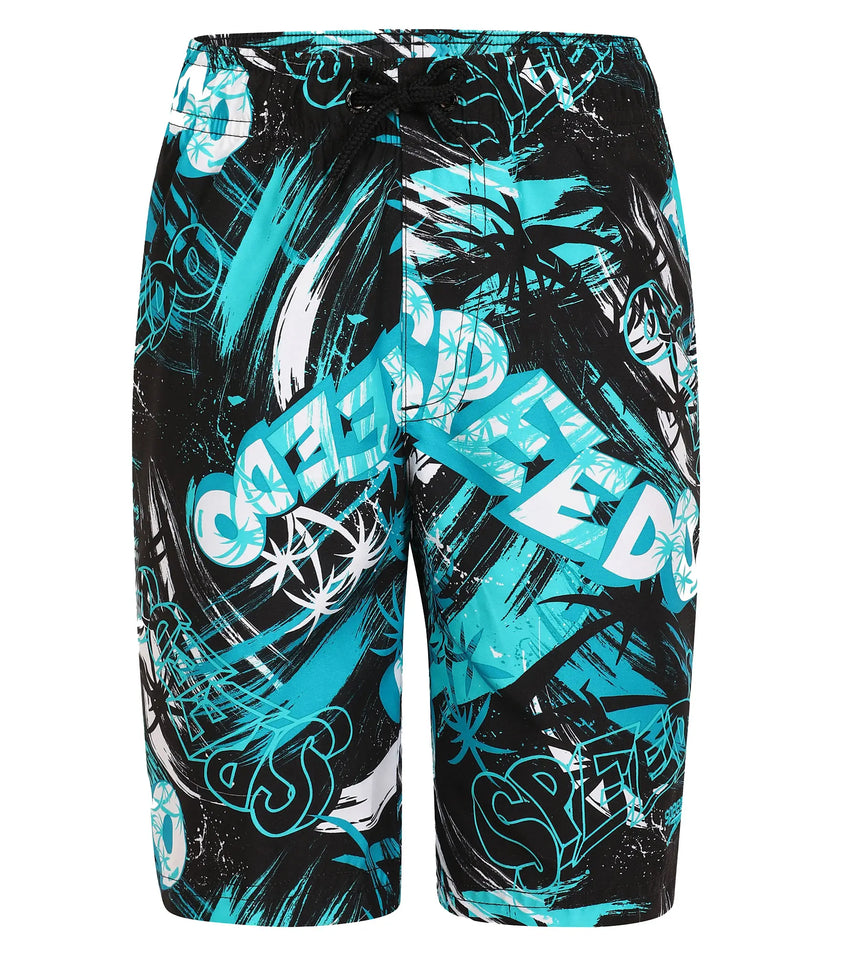 Boy's 100% Polyester Mpin Fun Printed Leisure Watershorts - Black & Aquarium