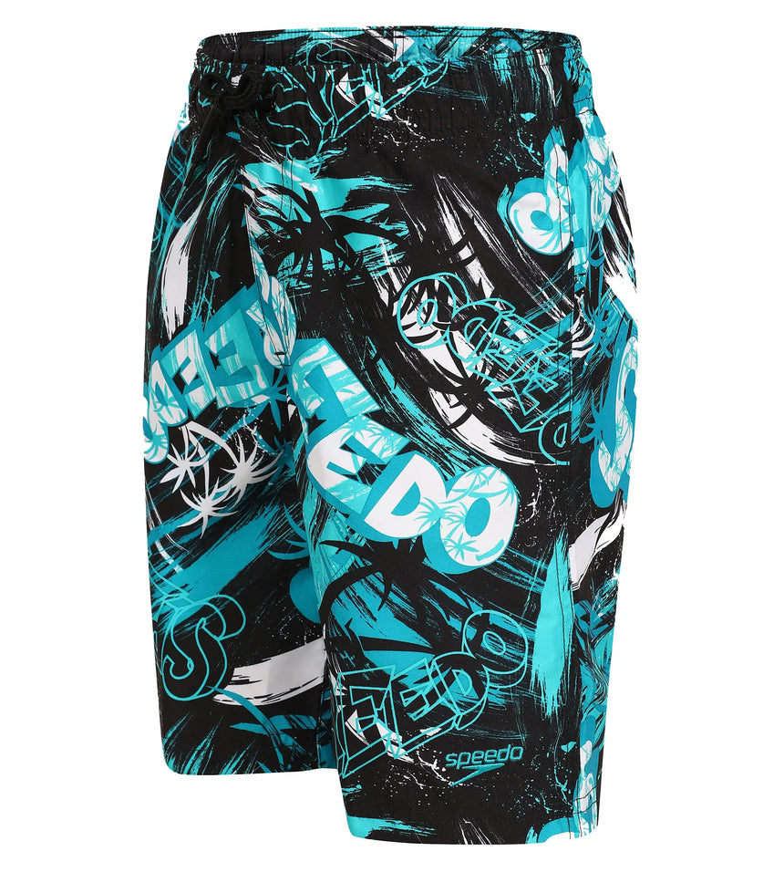 Boy's 100% Polyester Mpin Fun Printed Leisure Watershorts - Black & Aquarium