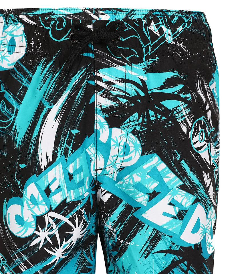 Boy's 100% Polyester Mpin Fun Printed Leisure Watershorts - Black & Aquarium