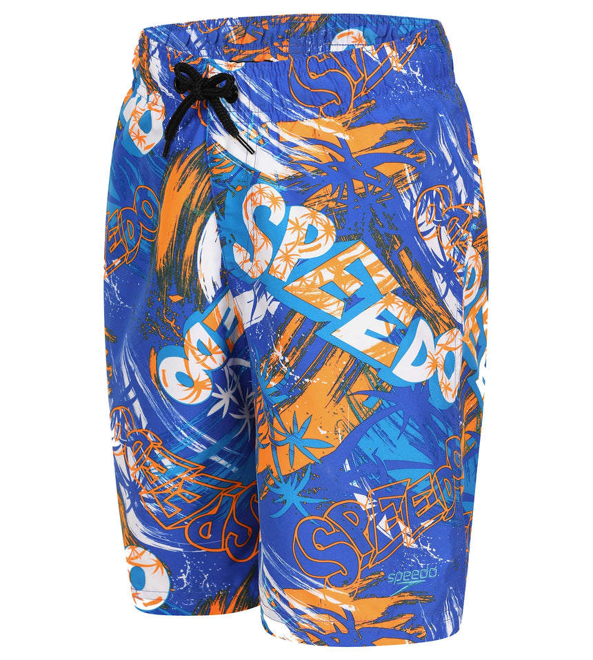Boy's 100% Polyester Mpin Fun Printed Leisure Watershorts - Deep Peri & Fluo Orange